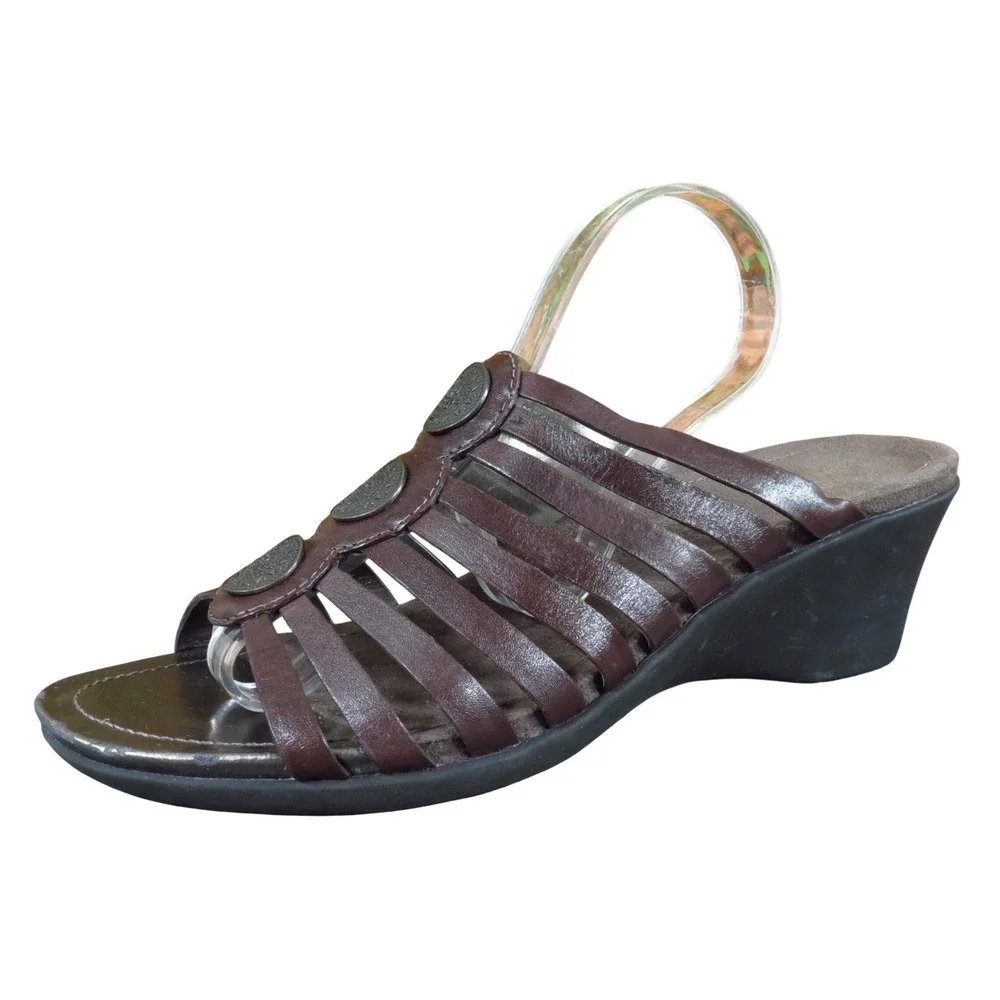 Strictly Comfort Women Strappy Wedge Sandals Sz 9.5 Casual Slide Brown Medallion